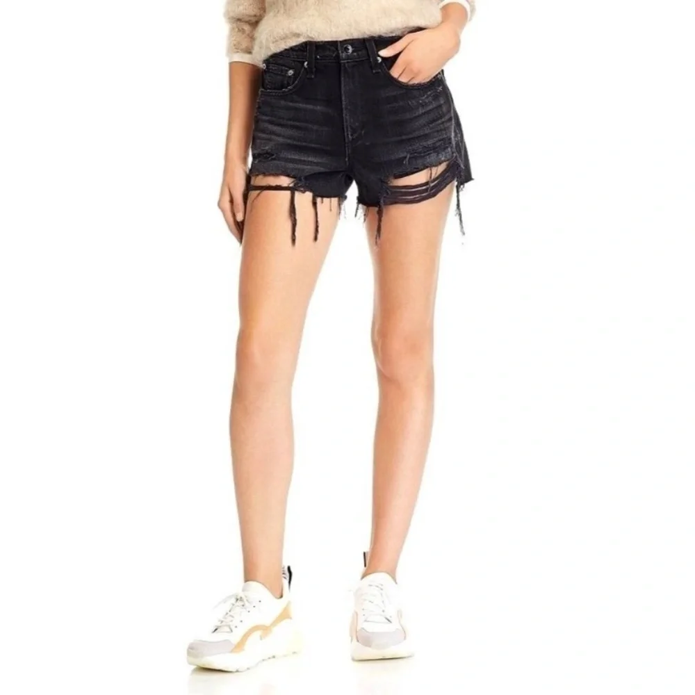 Rag & Bone cutoff denim jean short in raven hole black distressed 21815